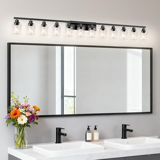 12 Light Bathroom Light Fixtures, Black Bathroom Lighting Fixtures Over Mirror Matte Black Modern Vanity Lights Wall Lighting for Mirror Bedroom, Living Room (78.7inch)