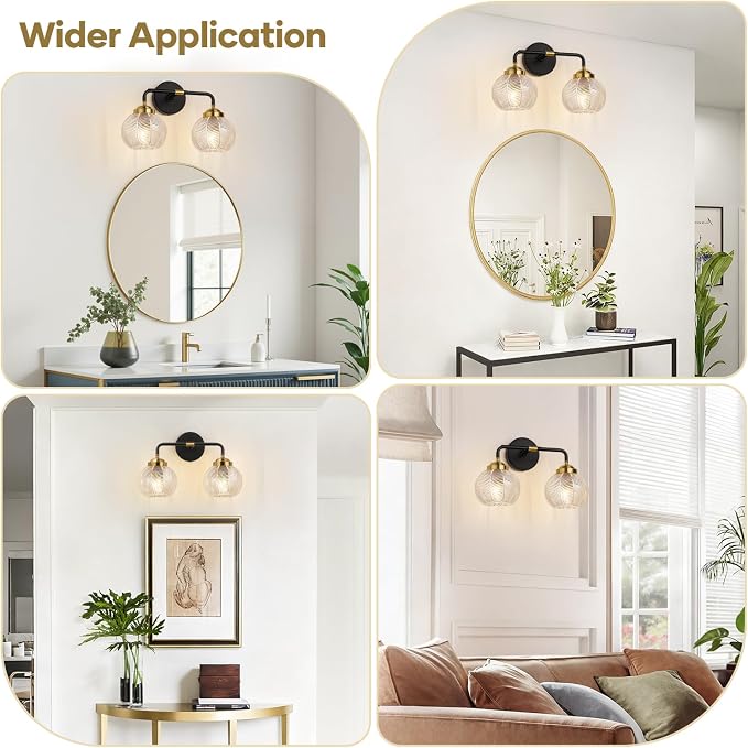 MOKATNG Bathroom Light Fixtures, 2-Light Clear Vanity Lights with Unique Leaf Texture Glass Shade, Modern Matte Black and Gold Bathroom Wall Lamp for Mirror Hallway Cabinet Living Room
