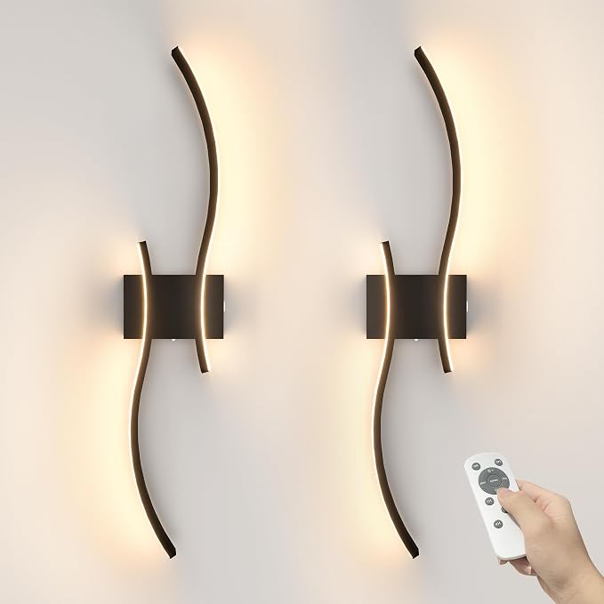 VOLISUN Battery Operated Wall Sconces Set of Two, 27.6 inch Wireless Wall Sconces, 3000K-6500K Dimmable Wall Lamps with Remote, Rechargeable Black Wall Lights for Living Room, Hallway, Bedroom