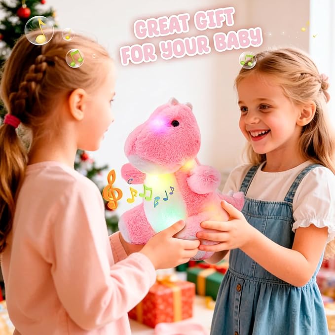 Glow Guards 12'' Light up Music Dinosaur Stuffed Animal, LED Soft Dinosaur Plush Toy with Magic Night Lights&Lullaby, Birthday Children's Day for Toddler Kids (Pink, Music)