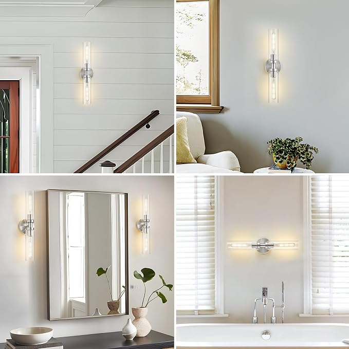 Lanhall 2 Light Bathroom Wall Sconces Set of 2,Modern Farmhouse Brushed Nickel Bathroom Light Fixture Over Mirror with Clear Glass Shade,Vanity Light for Hallway Cabinet Bedroom Stairway Porch