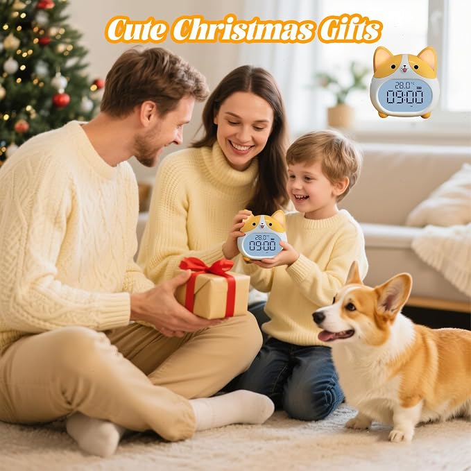 AVEKI Alarm Clocks for Kids - Cute Dog Clock with Night Light, 6 Alarm Tones, Snooze, Timer, Date and Temperature Display - Rechargeable Battery Operated Digital Clocks for Bedroom Kids Room (Corgi)