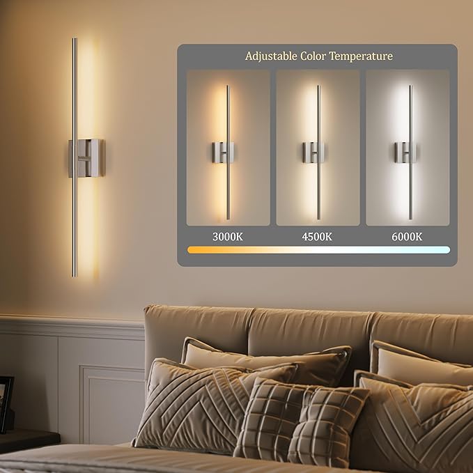 Battery Operated Wall Sconces Set of 2, Dimmable Battery Wall Sconce with Remote Control, Sand-Nickel LED Rechargeable Sconces, 30 Inch Modern Wireless Wall Lights for Bedroom, Living Room