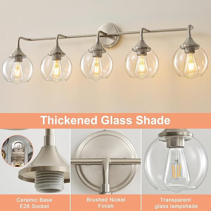 Bathroom Vanity Lights 5-Light Brushed Nickel Vanity Light 39" | Farmhouse Vanity Lighting Fixtures Over Mirror, Thickened Clear Glass Shade, UL E26 Dimmable Vanity Light Fixtures
