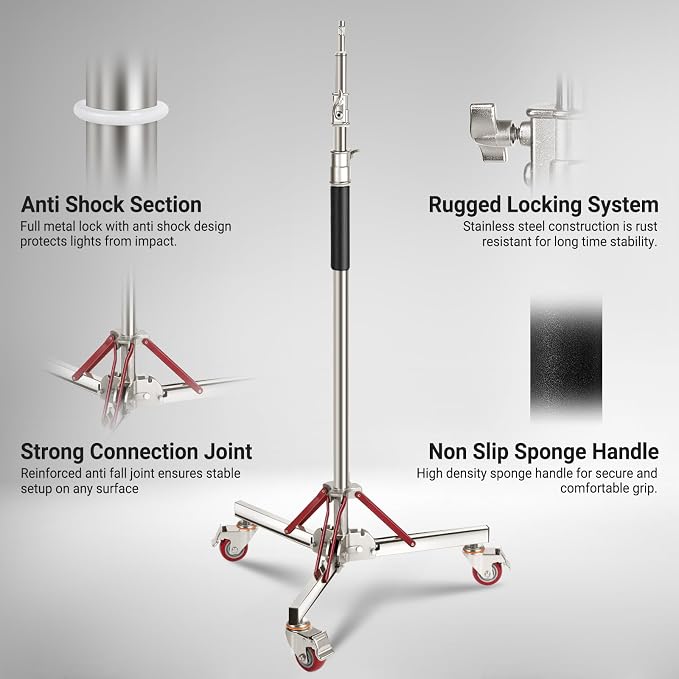 NEEWER Basics 4.3-10ft Photography Light Stand with Casters, SC305B | 100% Stainless Steel, Heavy Duty Tripod Stand, for Strobe LED Video Ring Light Monolight Softbox Reflector, 66lb Max Load