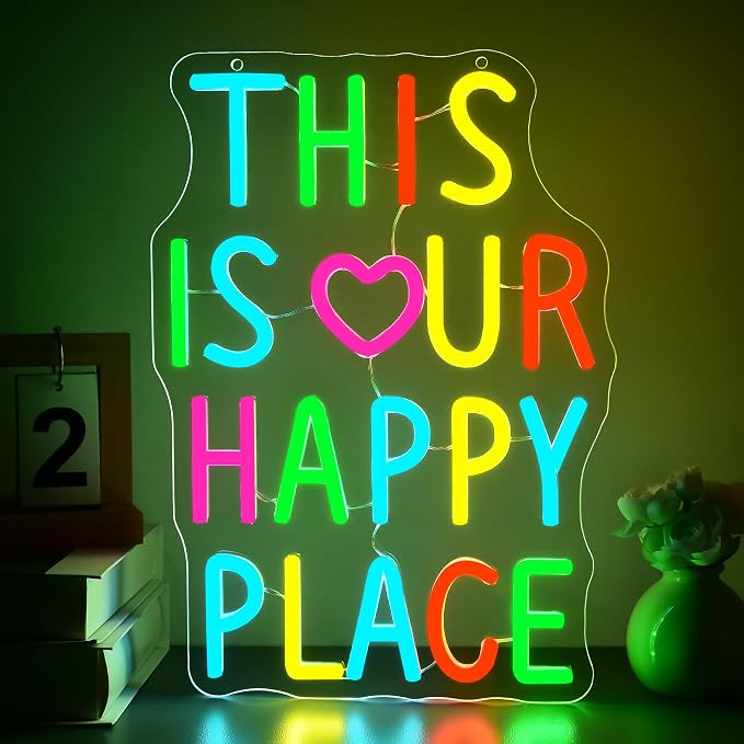 This Is Our Happy Place Neon Sign for Bedroom Wall Decor | Dimmable warm vibe neon light, cozy home teen bedroom decor, birthday gift for couples families, size 13.8*9.8 in