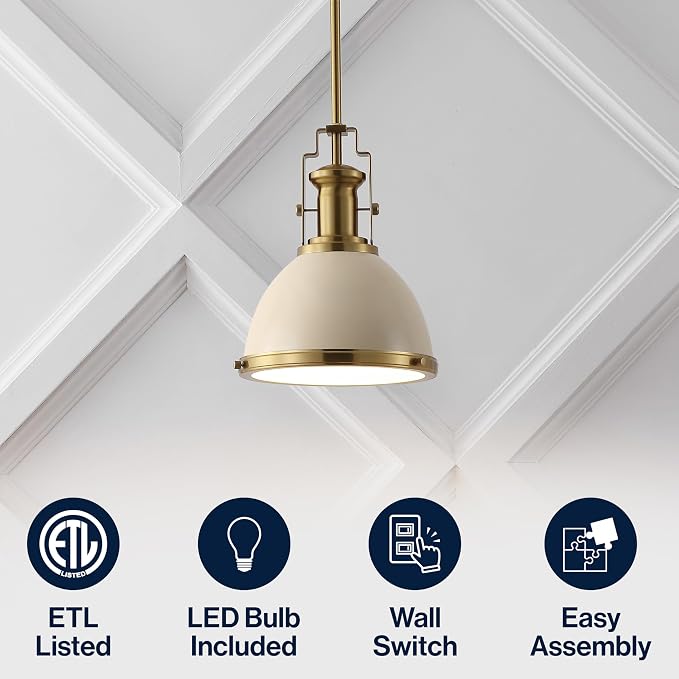 JONATHAN Y Homer Industrial Dome Pendant 10", Almond/Brass Gold | 1-Light, Farmhouse Style, Adjustable Hanging Height, Glass Diffuser, Sloped Ceiling Compatible, Metal, LED Bulb Included