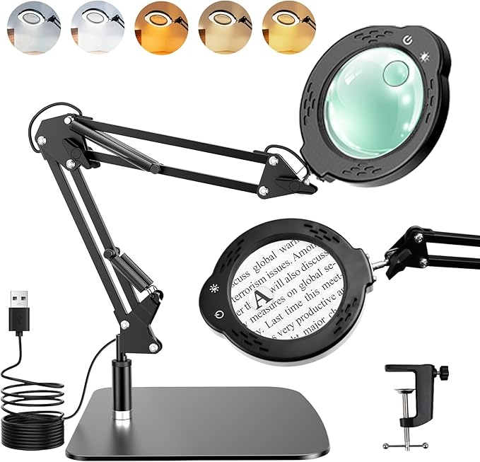 10X 30X Magnifying Glass with Light and Stand, Desktop LED Magnifying Lamp with Base and Clamp, 5 Color Modes, 3 Dimmable Levels Hands Free Magnifying Glass for Reading, Close Work, Crafts, Jewelry