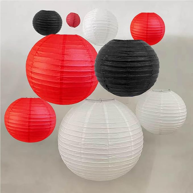 Black Red and White Paper Lanterns 12Pcs Hanging Round Paper Lanterns Decorative for Graduation Baby Shower Wedding Birthday Family Parties ﻿