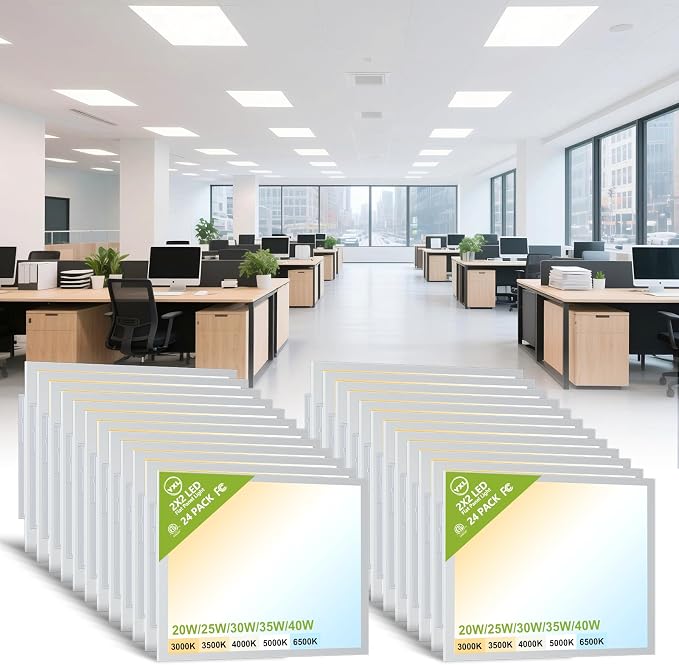 YXL 24 Pack 2x2 LED Flat Panel Light Drop Ceiling Light Fixture, 5200LM, 5CCT LED Drop Ceiling Office Light, 40W/35W/30W/25W/20W Selectable,6500K/5000K/4000K/3500K/3000K,Dimmable 0-10V,ETL