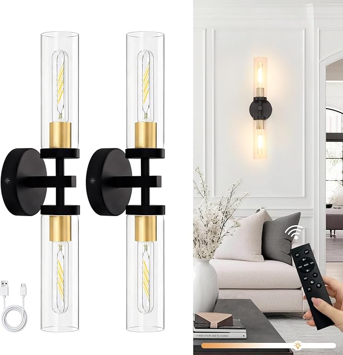 Shenmoyl Battery Operated Wall Sconces Set of Two,21" Black & Gold Rechargeable Wall Lighting Fixtures, Dimmable Wall Lights with Remote & Clear Glass Shade for Living Room,Bathroom,Bedroom