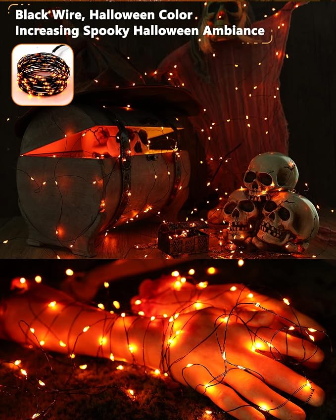 Brizled Solar Orange Fairy Lights, Outdoor Twinkle Halloween LED Lights | 2 Pack Total 78FT 240 LED; Black Wire; 8 Mode; Waterproof; Orange Fall String Light for Outside Party Tree Fence Garden Decor