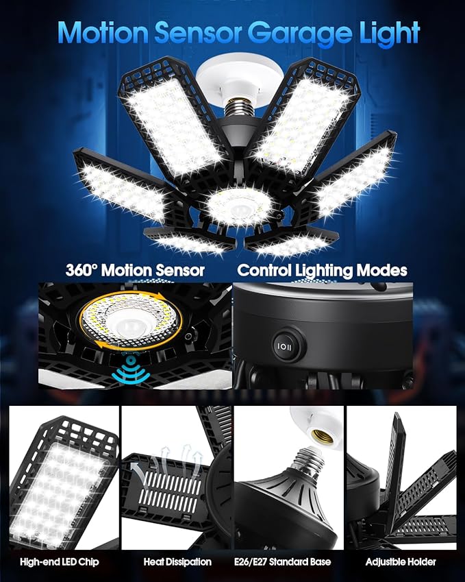 Motion Sensor Garage Light, 200W 20000LM 6500K LED Shop Lights, Garage Lights Ceiling Led with 6+1 Deformable Panels, Screw in E26 Socket Bulb for Warehouse, Workshop, Basement, Barn Lighting