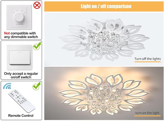 Garwarm 40.7 Inch Modern Crystal Flower LED Ceiling Light with Remote,White | Low-Profile Dimmable Flush Mount Chandelier with Memory for Large Living Room, Bedroom, Dining Room, Kitchen and Office
