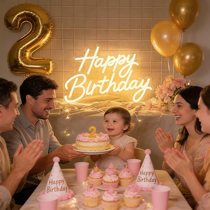 Happy Birthday Neon Sign for Wall Decor, LED Happy Birthday Light Up Sign with 10 Pcs Ballons, Dimmable Happy Birthday Lights Signs for All Birthday Party Decorations Backdrop, Warm White