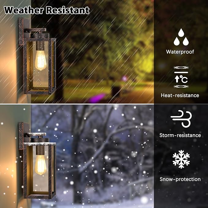Outdoor Wall Light Fixtures, Outside Porch Lights, Distressed Brown | Waterproof Metal Construction, Rust-resistant, Quick & Easy Installation, Clear Glass Shades & Standard E26 Socket