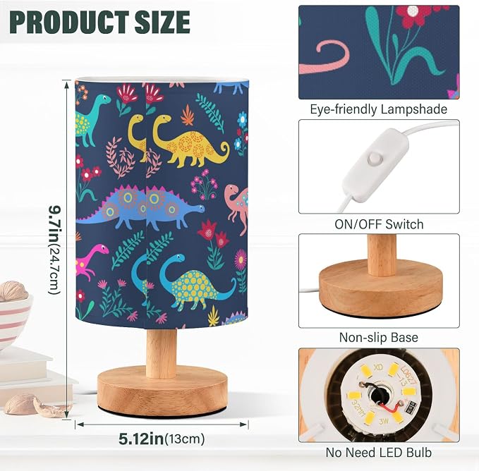 Table Lamp Dinosaur Floral Pattern Nightstand Lamp with Wood Base Fabric Lamp Shade Bedside Desk Lamp for Living Room Bedroom Kids Room Office