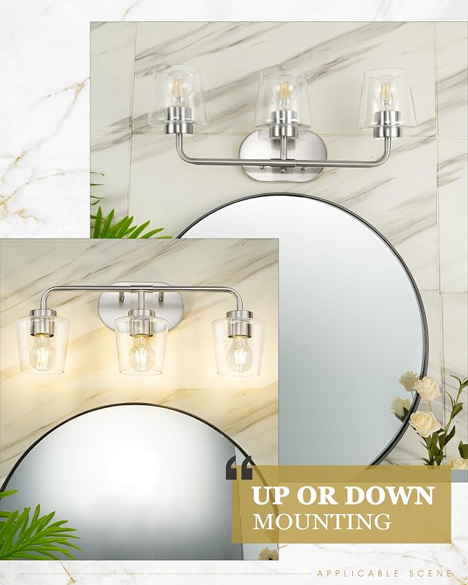 3-Light Bathroom Light Fixtures Over Mirror, Brushed Nickel | Vanity Lights for Bathroom with Clear Glass, Modern Vanity Lighting Fixtures, AD-22004-3W-SN-C