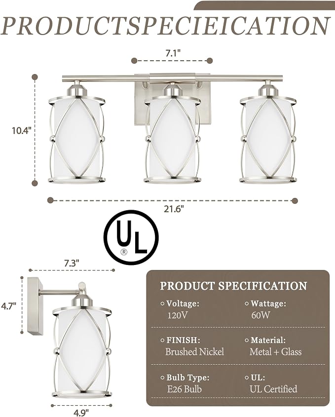 3-Light Brushed Nickel Bathroom Light Fixtures with Milk Frosted Glass, 21" Modern Bathroom Vanity Lighting Fixtures Over Mirror with Metal Cage, Wall Sconce Lights for Bath, E26, CH9176BNW-3W