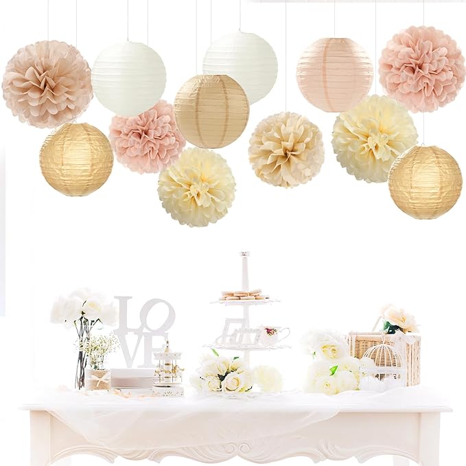 Champagne-Gold White Party-Decorations Paper-Flowers Lanterns - 15PCS Boho Fall Rustic Tissue Pom Poms Streamers,Wedding Baby Bridal Shower Neutral Autumn Birthday Hanging Supplies Decor Hugfond