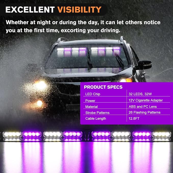 Nilight 32LED Purple White Emergency Dash Strobe Lights with Controller | Suction Cups Warning Hazard Interior Front/Rear Windshield Deck Split Light Bar for Trucks Construction Vehicles