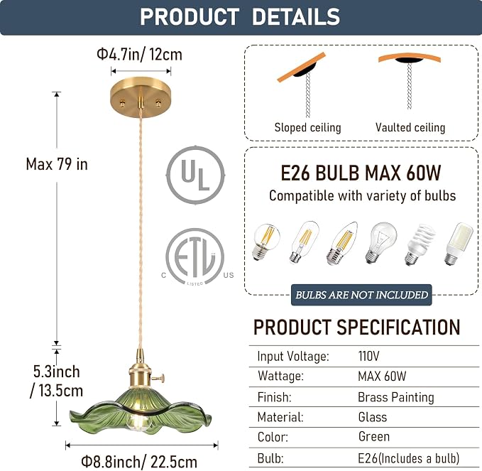 Glass Pendant Light Vintage Light Fixtures,Green Modern Chandelier Pendant,E26 8.8" Adjustable Hanging Light,Pendant Lights Kitchen Island for Entryway Dining Room 1 Light