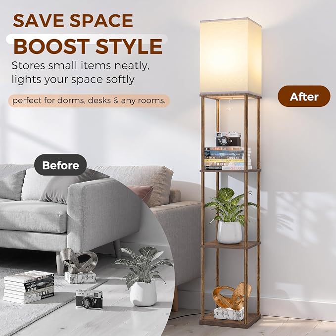 Floor Lamp with Shelves, 3-Tier Square Bookshelf Standing Lamp Rustic Brown | 3 Color Temperature Bulb Included, Modern Pull Chain Tall Lamp for Living Room Bedroom Corner Office Apartment Decor
