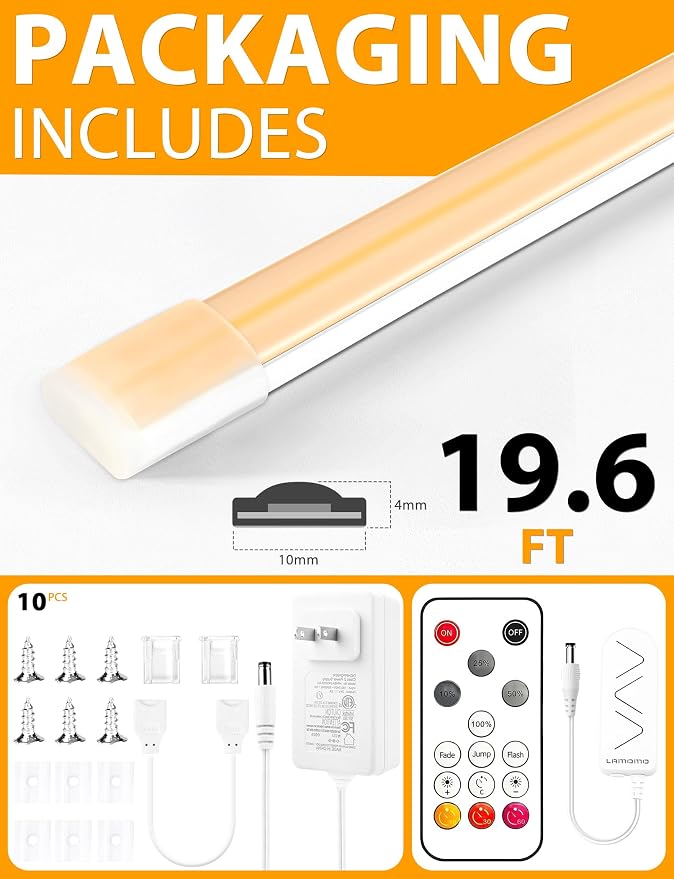 COB LED Strip Lights 19.6Ft, Warm White Dimmable Self-Adhesive Led Rope Light with Remote,Waterproof Cuttable 24V Flexible Neon Under Cabinet Tape Lighting for Bedroom, Kitchen,TV 10 mm Width
