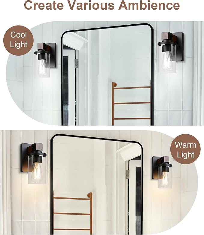 1-Light Wall Sconces Set of 2, Farmhouse Bathroom Vanity Light Fixtures, Wood Grain Black Wall Mount Light with Clear Glass Shade for Living Room Hallway Bedroom, ETL Listed