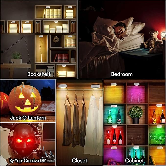 LED Puck Lights with Remote Battery Operated Under Cabinet Lighting Wireless Stick on Lights Color Changing Timer Tap Lights for Cabinets Shelves Closets Display Case - 6Pack Black