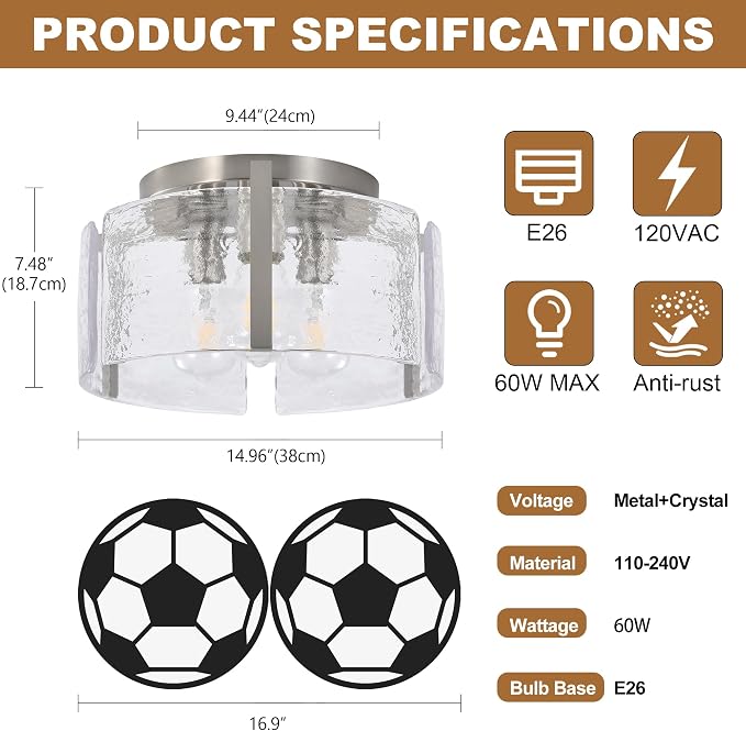 Brushed Nickel 3-Light Semi Flush Mount Ceiling Light, 15'' Modern Dimmable Hallway Fixture with Hammered Glass for Entryway Kitchen Bedroom Bathroom Foyer