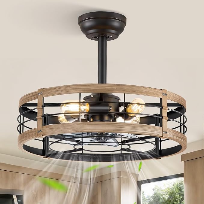 LEDIARY 20 inch Fandelier Caged Ceiling Fan with Light and Remote, Brown | 6 Speed Adjustable,Timing, Quiet & Powerful DC, Small, Farmhouse, Industrial, Enclosed, Bladeless, Bedroom, Kitchen, Downrod