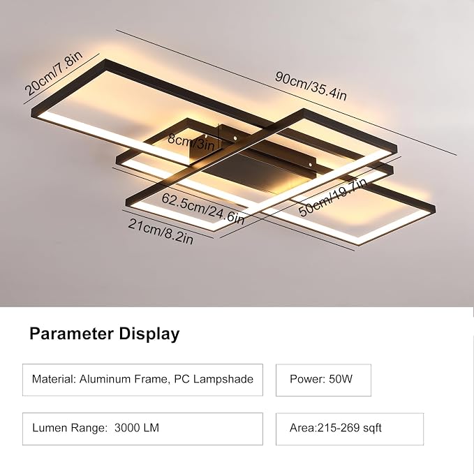 GEADI 35.4" Modern LED Ceiling Light, Dimmable Flush Mount with Remote | Black Geometric Square Light Fixture with Adjustable Color Temperature for Kitchen, Bedroom, Dining Room and Hallway