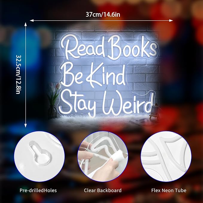Neon Sign, Neon Signs for Wall Decor LED Signs Neon Light | Read Books Be Kind Stay Weird Neon Sign, Study Room, Bookstore, Classroom Decor, Reading Corner, Library, Gift, USB Powered