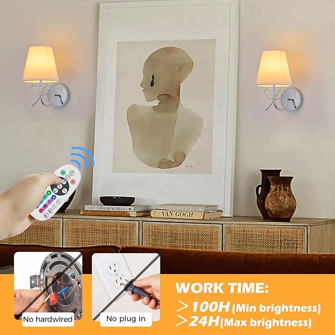 PASSICA DECOR 2 Pack Rechargeable Battery Operated Wall Sconces Set of Two, Wireless Cordless Wall Lights with Remote Control, Dimmable LED Lights, 3 Modes & 12 RGB Colors for Bedroom, Hallway, Stairs
