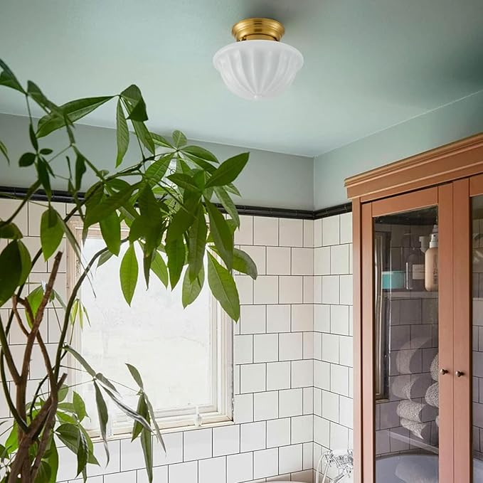 Schoolhouse Light Fixture Gold, 9" Modern Mid Century Semi Flush Mount Ceiling Light with Opal Milk Glass Shade for Bedroom, Kitchen, Dining Room, Bathroom, Hallway, Stairway, Entryway