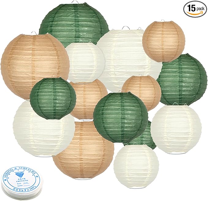 15 Pcs Dark Green Brown Hanging Paper Lanterns 4-12 Inch - Forest Woodland Baby Shower Decorations with Clear Fishing Line, Jungle Safari Birthday Party and Rustic Wedding Decor