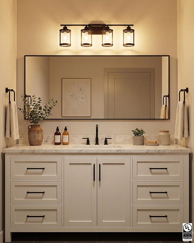 4-Light Oil Rubbed Bronze Bathroom Light Fixtures Over Mirror with Clear Glass and Metal Cage Shade, 29" UL-Listed Modern Farmhouse Wall Sconce for Bath, Hardwire E26, OS-3014ORB-4W
