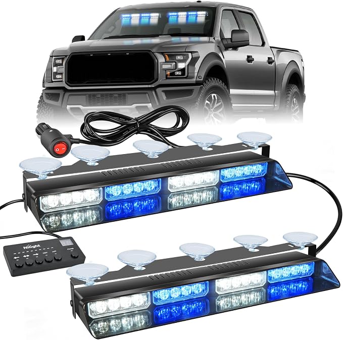 Nilight 32LED Blue White Emergency Dash Strobe Lights with Controller | Suction Cups Warning Hazard Interior Front/Rear Windshield Deck Split Light Bar for Trucks Construction Vehicles