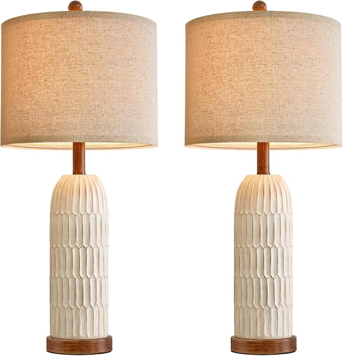 26.5" Bedside Table Lamps Set of 2, Farmhouse Table Lamp with USB A+C Charging Ports,Vintage Nightstand Lamp for Bedrooms and Living Rooms, Retro Resin End Table Lamp with Linen Shade, Brown