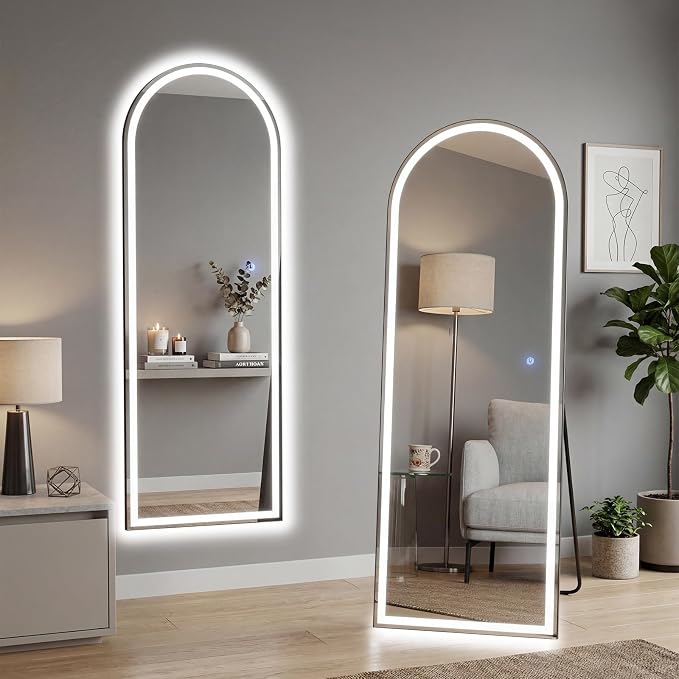 16"x60" Arched LED Full Length Mirror with Stand, Full Body Mirror | LED Lights 3 Color Lighting, Wall Hanging or Leaning, Floor Standing, Modern Simple Home Wall Decor