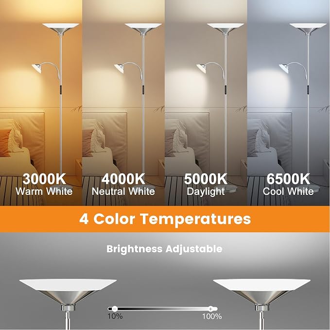 Metallic Sliver Torchiere Floor Lamp, 2 Way 72'' Dimmable LED Standing lamp with Rmote, Multi Color Temps, 34W Tall Light with Independent Control for Living Room Bedroom Office Reading ﻿
