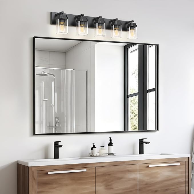 Black Bathroom Light Fixtures, 5 Lights Bathroom Lighting Fixtures Over Mirror, Square Design & Rectangle Large Backplate, Modern Vanity Lighting Fixtures, for Bathroom/Living Room/Bedroom