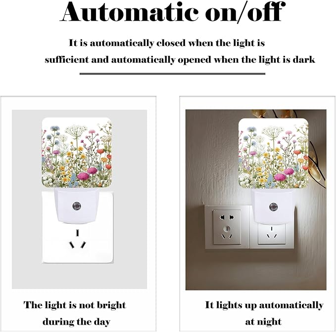 Herbs and Wild Flowers Night Light,Plug Into Wall with Dusk to Dawn Light Sensors, Warm Nightlights for Bedroom,Bathroom,Hallway,Kitchen,Gifts Ideal for Boys Girls Women Men