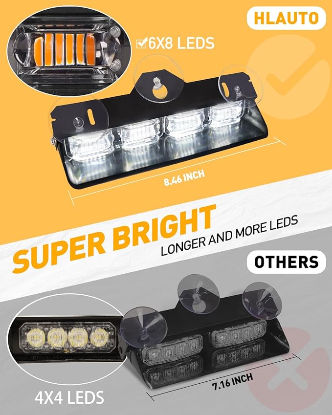 HLauto 2002L Emergency Dash Strobe Lights: White Safety Lights, Flashing Warning Hazard Windshield Visor Traffic Light Bars for Trucks, Construction Vehicles (2x8.5 inch, 48LED)