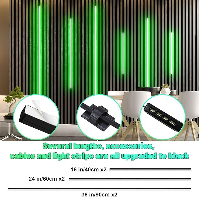 Lichaser RGB Black LED Strip Light for Wood Slat Wall Panel, 6 Pcs WiFi Smart Recessed Lighting for Acoustic Panel Compatible with Alexa, Self-Adhesive Smart LED for Slat Wall (2*36+2*24+2*16 in)