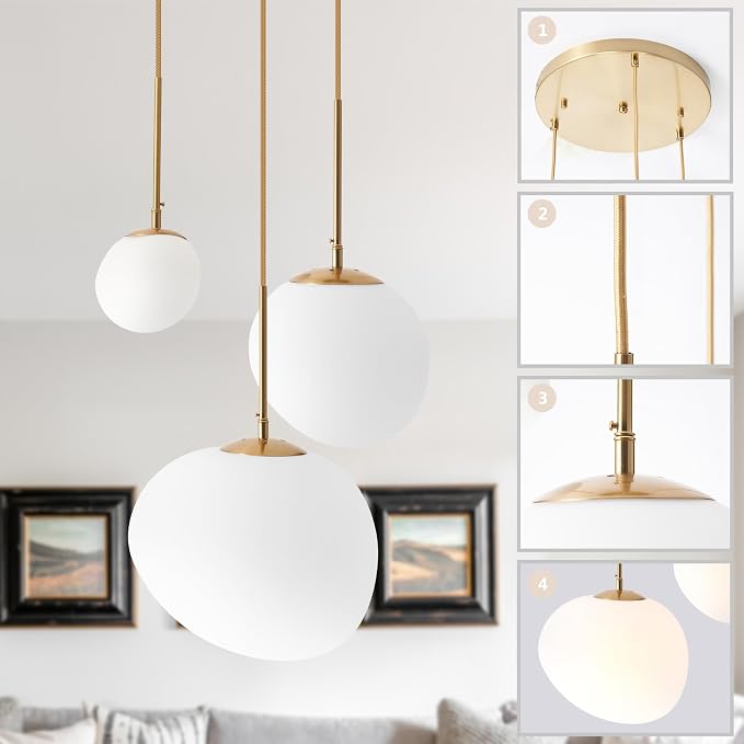 EFPefect 3 Lights Pendant Light for Kitchen Island Modern Globe Cluster Chandelier Ceiling Light Fixture for Dining Living Room Bedroom