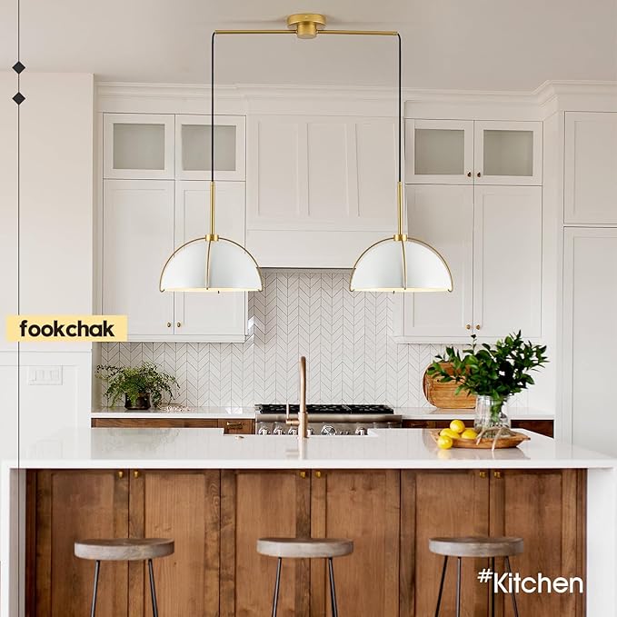 Contemporary White Gold Pendant Light Over Table 2-Light Nordic White Ceiling Pendant Light Fixture 36" Metal Dome Kitchen Island Light with Adjustable Cord for Dining Room
