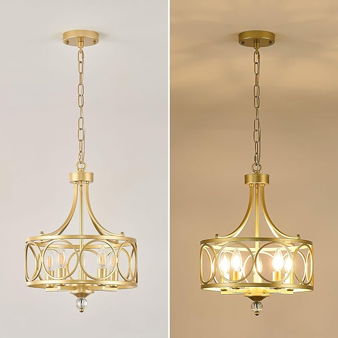 5-Light Gold Chandelier,14.2in Farmhouse Lantern Pendant Light Fixture,Adjustable Hanging Ceiling Lighting with E12 Socket,for Kitchen Island,Bedroom,Entryway,Dining Room