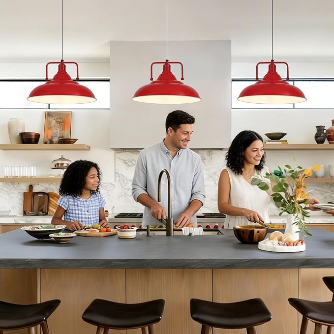 Red Pendant Lights Kitchen Island, Large Pendant Light 15.7" 3 Packs, Farmhouse Pendant Light, Modern Pendant Lights, Kitchen Pendant Lights, Pendant Light for Kitchen, Living Room, Bedroom
